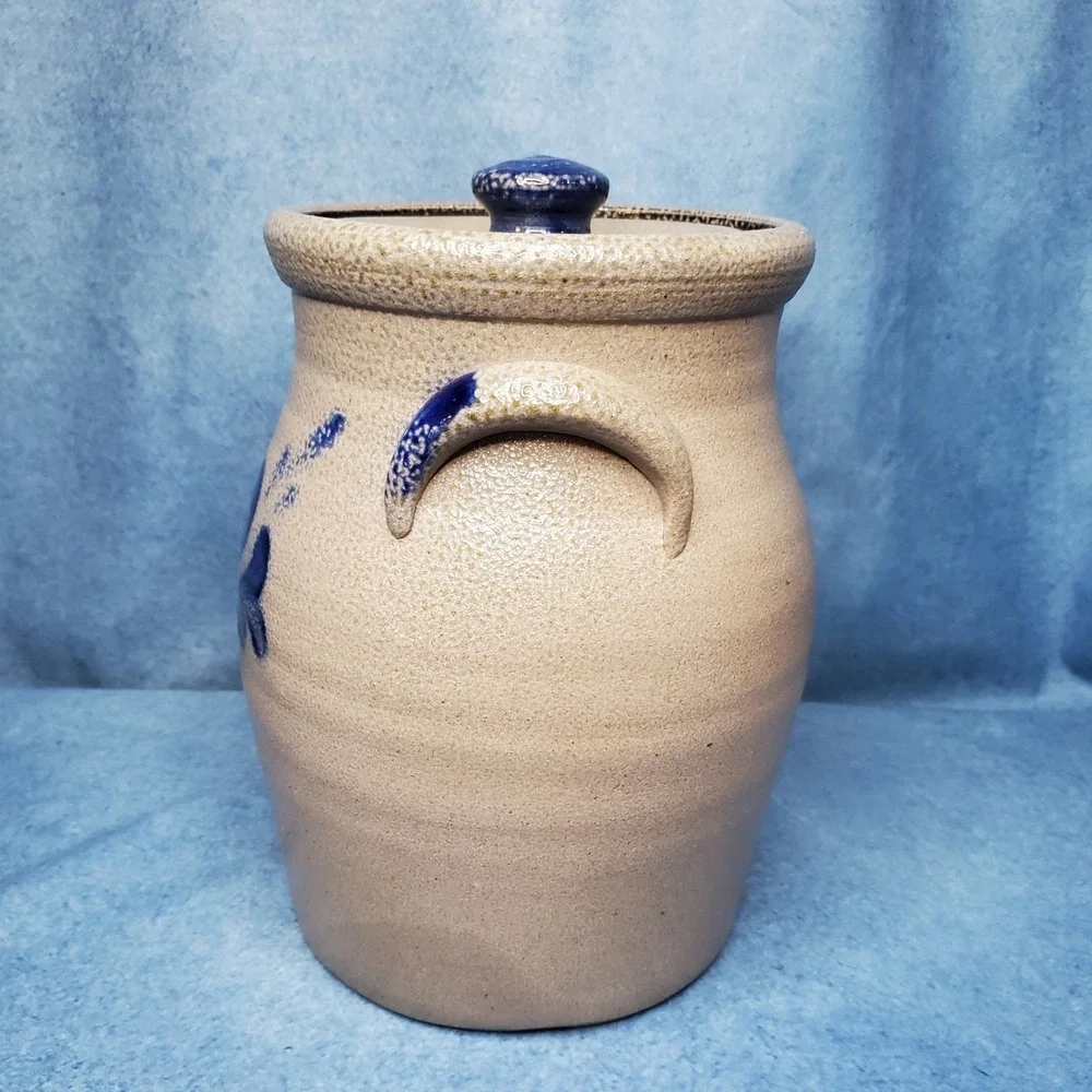 Vintage Rowe Pottery Works Salt Glaze Canister Crock w/Lid Blue Heart Motif 1999